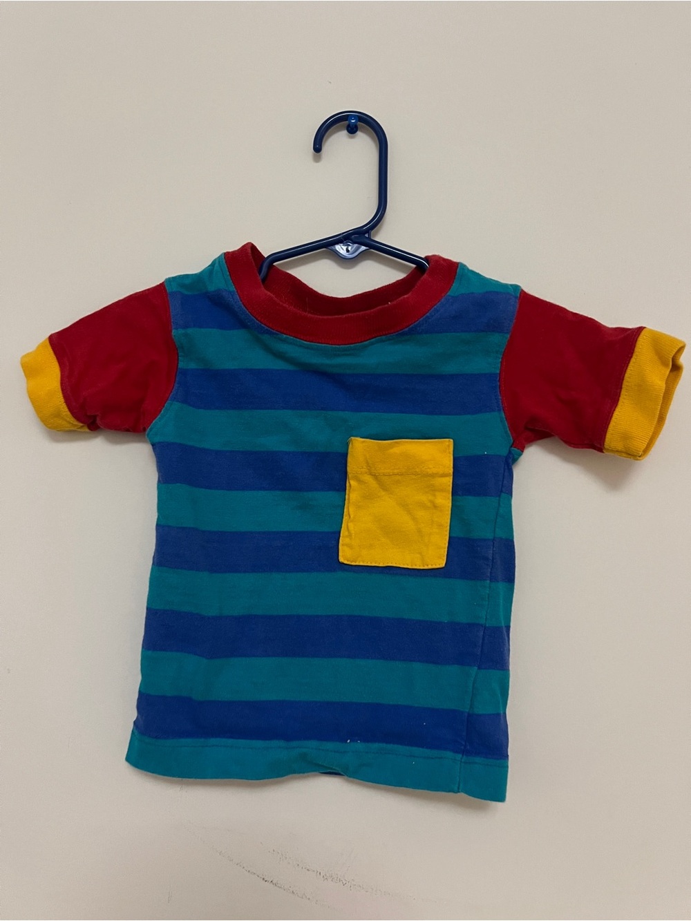 Vintage 12 Month Baby Boy Striped Short-Sleeve Tee with Yellow Pocket